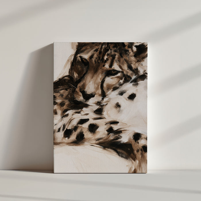 Tableau sur toile léopard sépia beige expressif dans ambiance minimaliste mur blanc