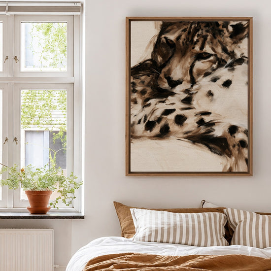Tableau sur toile léopard sépia beige style expressif pour décoration chambre adulte tons neutres