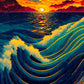 Tableau des vagues de la mer en mouvement devant un couché du soleil