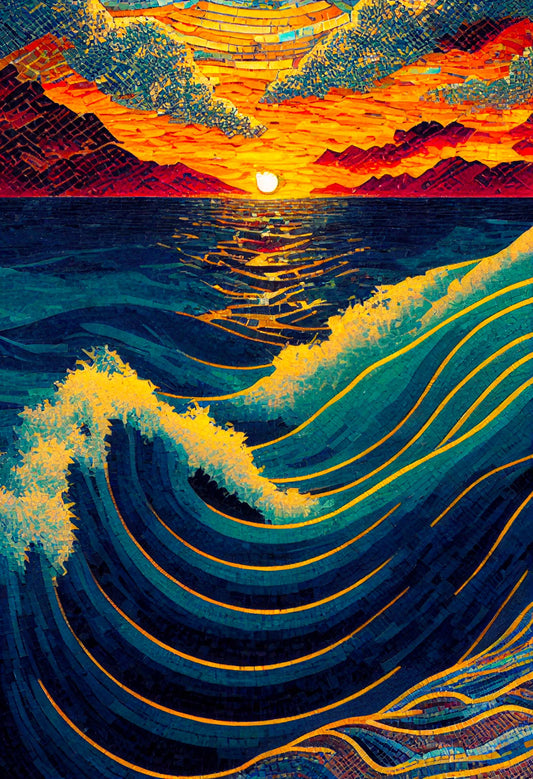Tableau des vagues de la mer en mouvement devant un couché du soleil