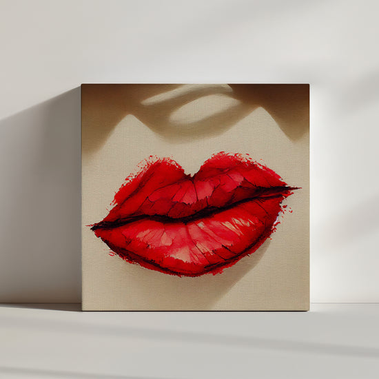 Tableau levre rouge. Une bouche féminine, pulpeuse, portant du rouge à lèvres rouge. L'ombre au-dessus des lèvres charnues ajoute une dimension dramatique et mystérieuse à l'image, créant une tension visuelle avec le reste du tableau. Ensemble, ces éléments créent une esthétique puissante et suggestive, attirant le regard et invitant à l'interprétation