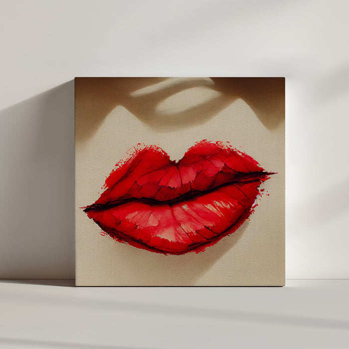 Tableau levre rouge. Une bouche féminine, pulpeuse, portant du rouge à lèvres rouge. L'ombre au-dessus des lèvres charnues ajoute une dimension dramatique et mystérieuse à l'image, créant une tension visuelle avec le reste du tableau. Ensemble, ces éléments créent une esthétique puissante et suggestive, attirant le regard et invitant à l'interprétation