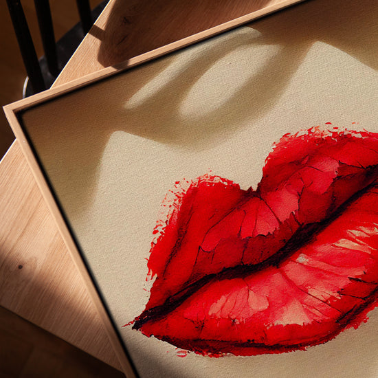 Lèvres rouges sensuelles tableau mural pour salon cadre chêne doré