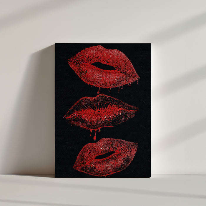 Tableau lèvres rouges pop art glamour posé au sol ambiance minimaliste chambre adulte moderne