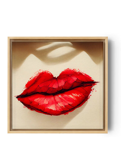 Schilderij rode lip. Een vrouwelijke, volle mond met rode lippenstift. De schaduw boven de volle lippen voegt een dramatische en mysterieuze dimensie toe aan het beeld en creëert een visuele spanning met de rest van het schilderij. Samen creëren deze elementen een krachtige en suggestieve esthetiek, die de blik trekt en uitnodigt tot interpretatie