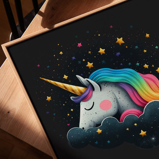 Sleeping unicorn canvas with rainbow, clouds and stars for Scandinavian kids room decor