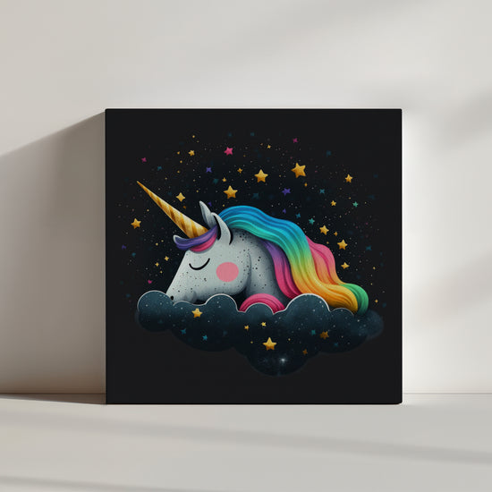 Sleeping unicorn on a cloud with rainbow and stars canvas print