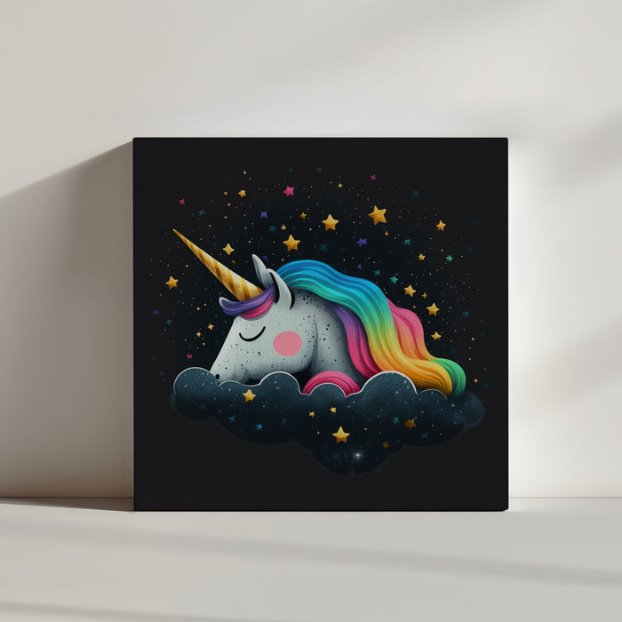 Sleeping unicorn on a cloud with rainbow and stars canvas print