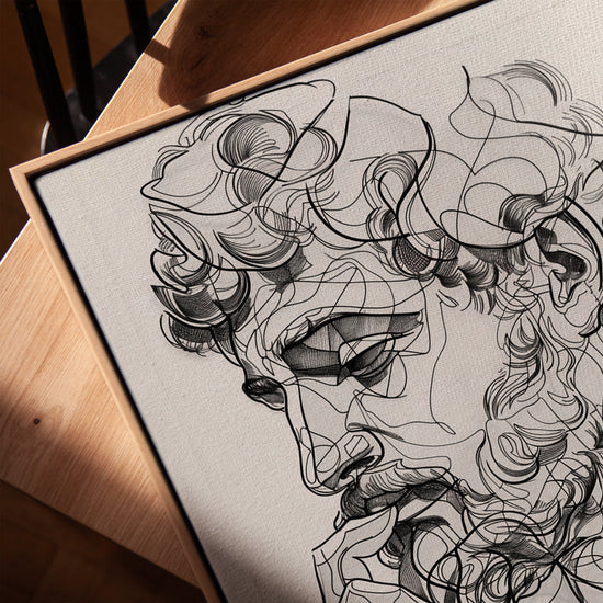 Thinker face line art wall art in a golden oak frame for the living room
