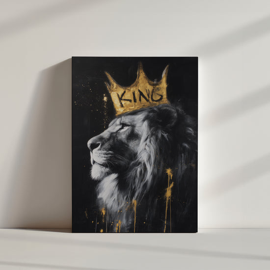 Crowned lion “KING” street art canvas leaning on floor, modern home decor