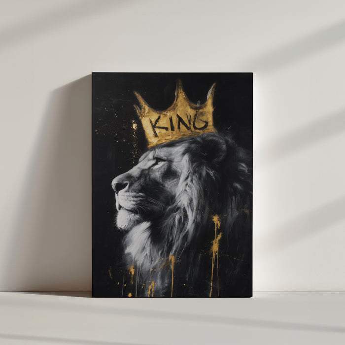 Crowned lion “KING” street art canvas leaning on floor, modern home decor