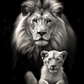 Portrait en noir et blanc de lion et lionceau, une œuvre d'art bio qui capture une scène puissance 