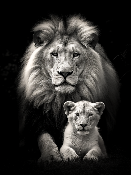 Portrait en noir et blanc de lion et lionceau, une œuvre d'art bio qui capture une scène puissance 