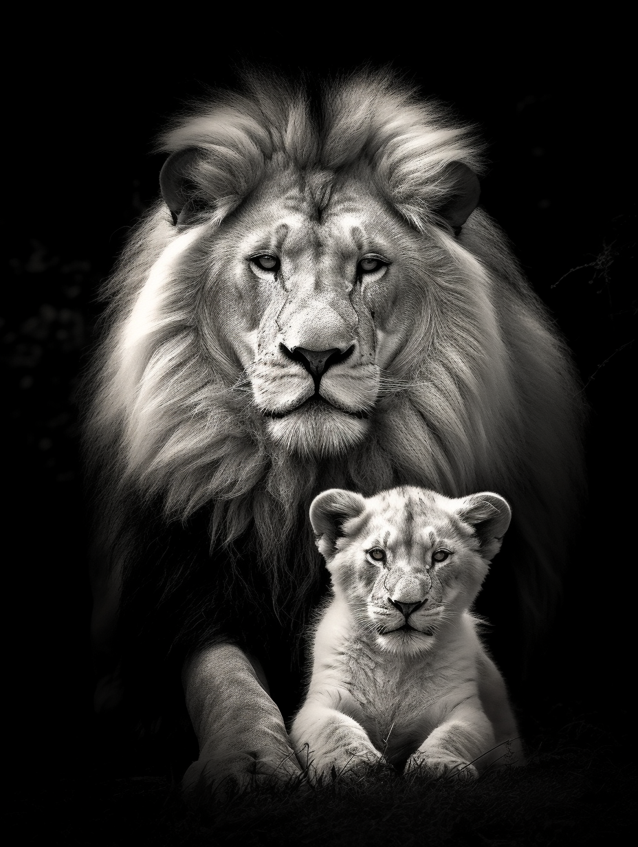 Black & White Lion and Cub Canvas Wall Art