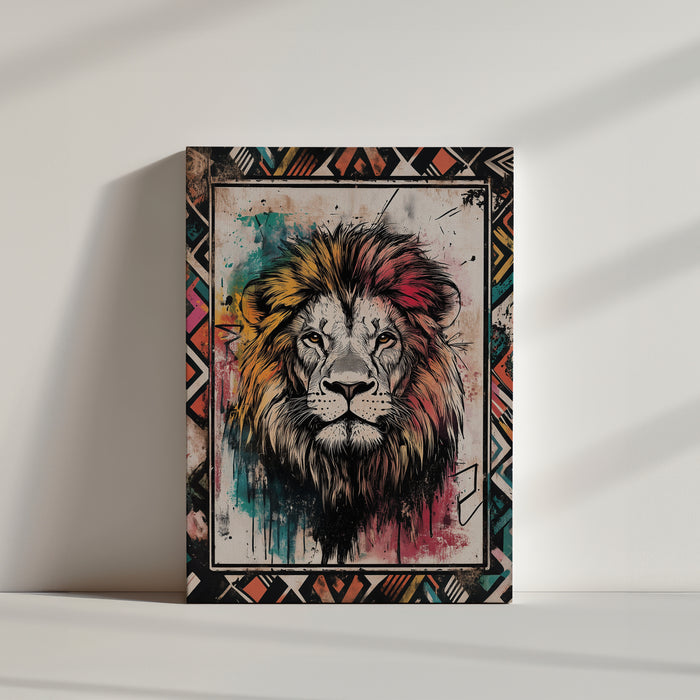 Illustration artistique d'un lion au style ethnique africain, avec des couleurs vives et un cadre graphique décoratif
