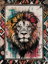 Illustration artistique d'un lion au style ethnique africain, avec des couleurs vives et un cadre graphique décoratif