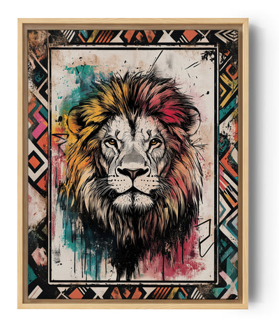Vibrant African tribal-style lion illustration with a decorative graphic frame