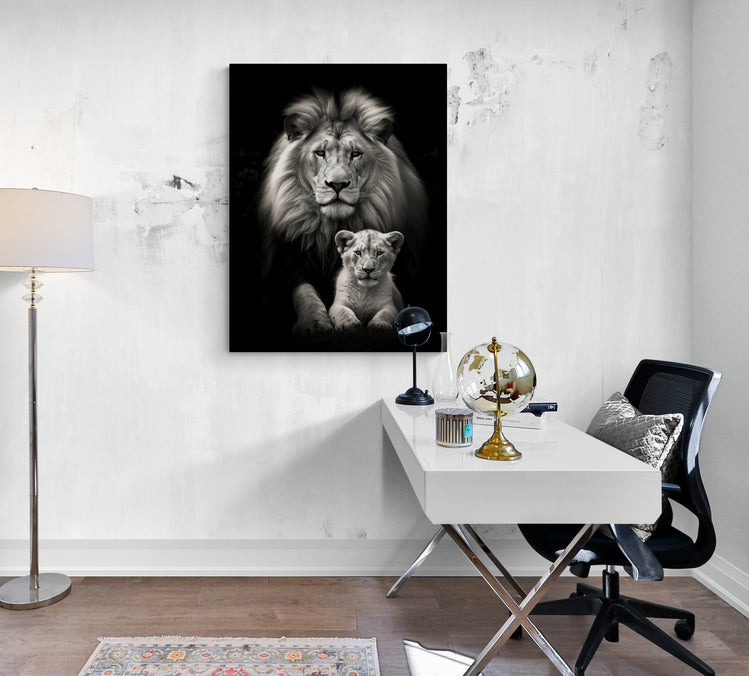 Tableau Lion et Lionceau noir et blanc, pièce maîtresse dans un bureau, inspire force et détermination.