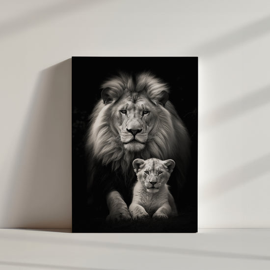Black and white portrait of lion and cub, eco-friendly artwork capturing a powerful moment