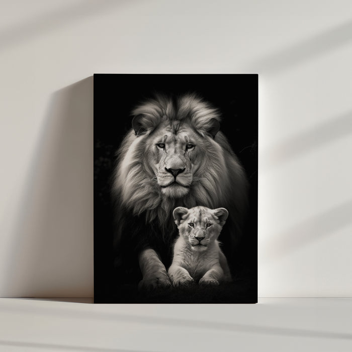 Black and white portrait of lion and cub, eco-friendly artwork capturing a powerful moment