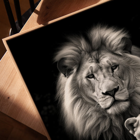 Black and white lion and cub wall art for Scandinavian office decor