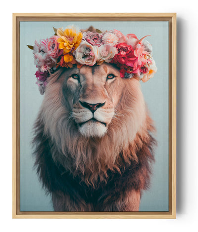 toile lion réaliste, portrait, couronne de fleur, animal sauvage.