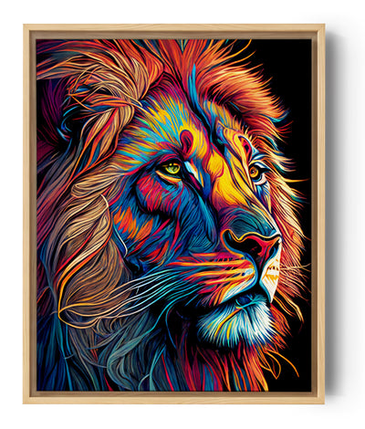 Tableau pop art d’un lion aux couleurs vives (bleu, rouge, orange) sur fond noir, avec une crinière stylisée et dynamique