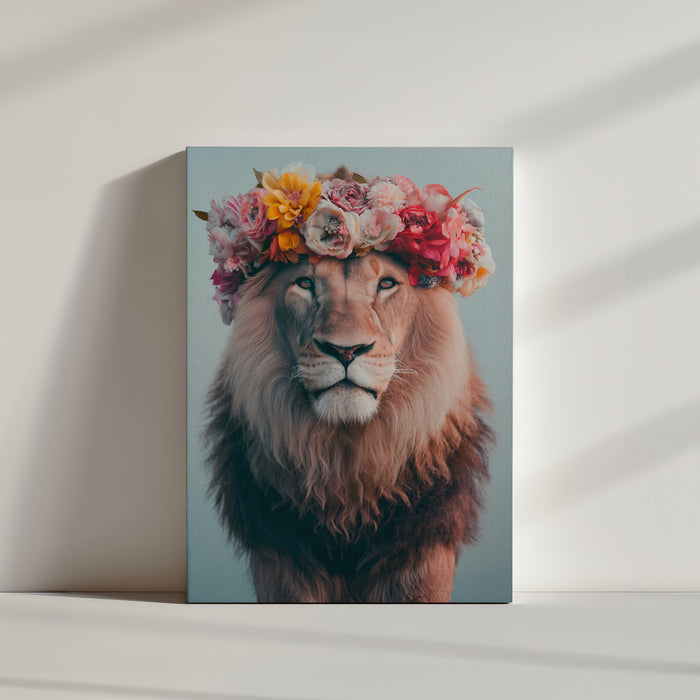 Realistic lion canvas print, flower-crown lion portrait - wild animal decor
