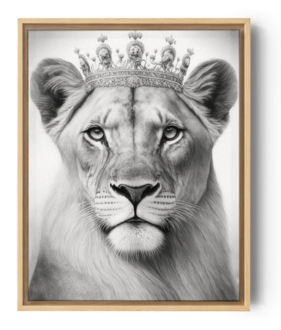 tableau avec une lionne qui porte une couronne en noir et blanc