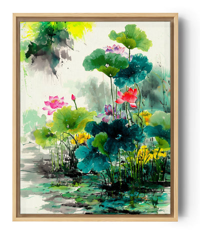 Colorful watercolor lotus with aquatic leaves, calming zen wall art