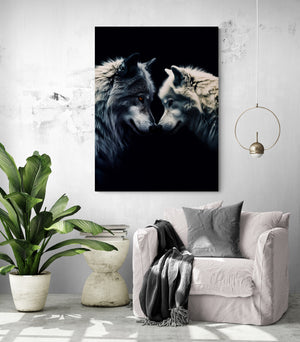 'Black & White Wolf' canvas evoking harmony in a contemporary living room.