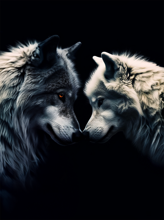photo capturant l 'instant de deux loups, noir et blanc, partageant une connexion unique