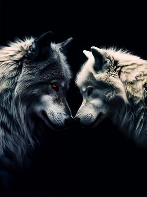 Photo capturing the moment of two wolves, black and white, sharing a unique connection