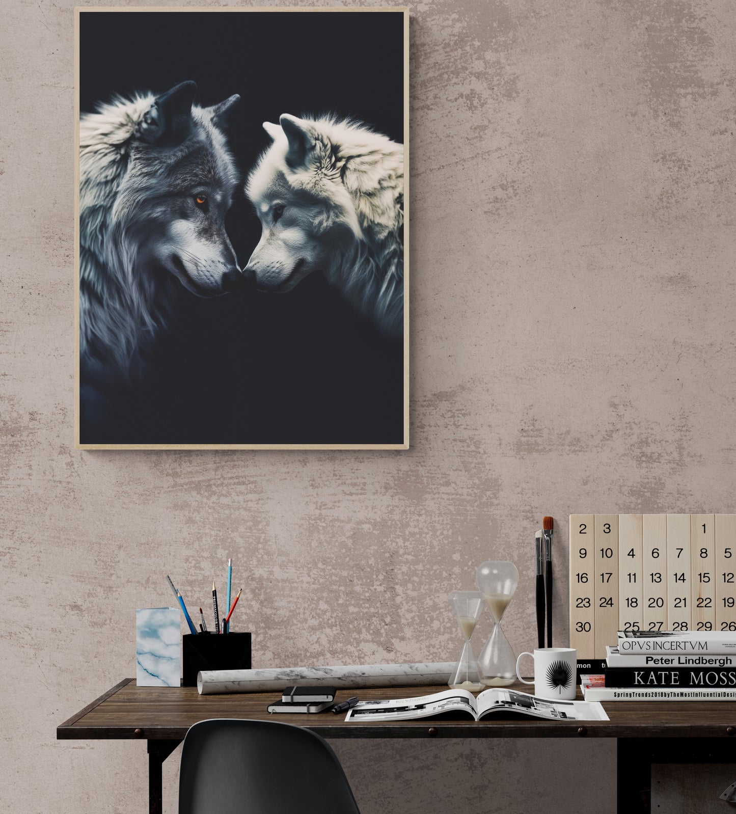  Toile photo avec un Loup Noir & Blanc pour bureau, capturant la tendresse entre deux animaux sauvage
