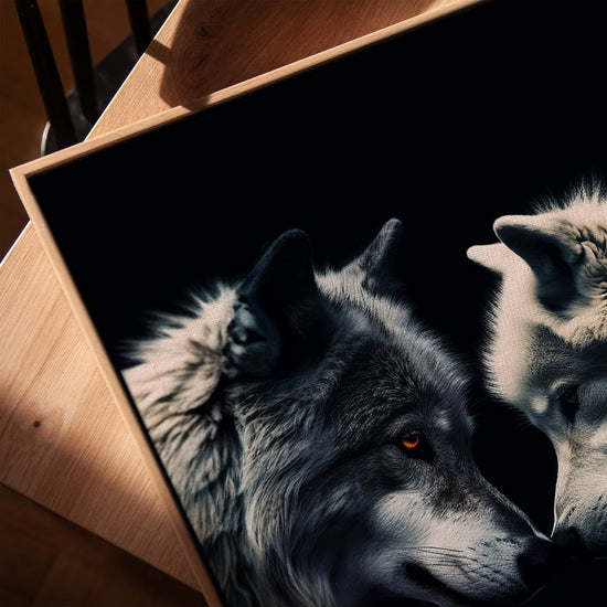 Black and white wolf wall art for a minimalist office – modern, clean decor