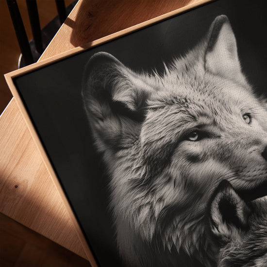 Black and white mother wolf and pup wall art for Scandinavian office decor