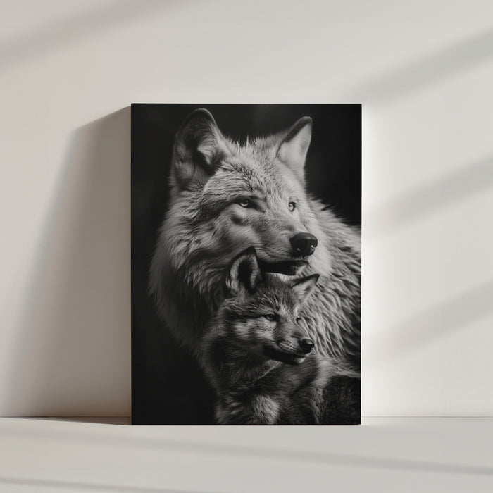 Touching black and white portrait of a mother wolf and her pup, evoking protection and tenderness; finely detailed fur with light and shadow highlighting their features