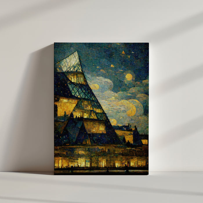 Louvre Museum in Van Gogh style canvas print, dreamy future Paris scene with shimmering warm lights