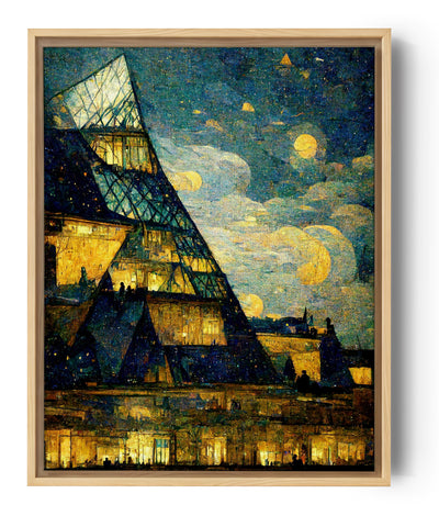 Tableau de déco, le Louvre selon Van Gogh, la vision idyllique de l'avenir, où l'art et la culture peuvent être intégrés de manière harmonieuse à la vie quotidienne des gens. Le musée du Louvre s'élève fièrement, transfiguré en un immeuble scintillant, illuminé par les lumières chaleureuses de ses habitants