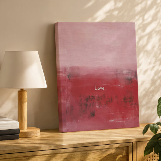 Minimalist abstract Love artwork in shades of pink and red for modern home decor