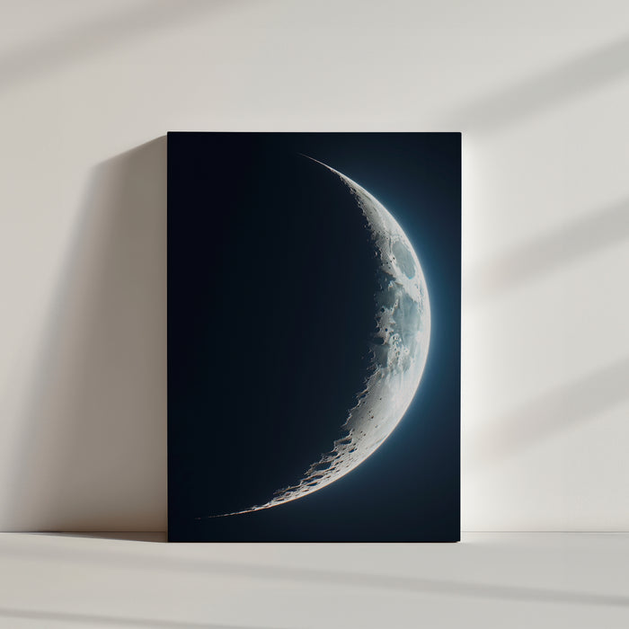 Canvas wall art photo of a partial moon in a thin crescent phase, bright white and deep navy blue palette