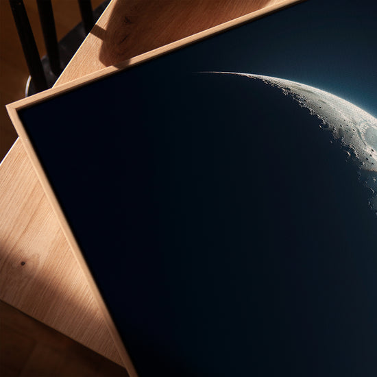 Crescent moon canvas wall art for living room, framed in golden oak
