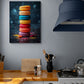 meuble de rangements,hotte d'aspiration bleu foncé, ustensiles de cuisine, four, mur gris clair, poster pâtisserie coloré.