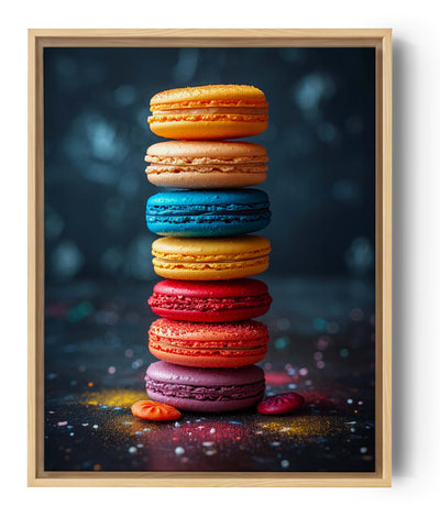 Pile artistique de macarons colorés sur fond sombre, avec une touche gourmande et des éclats sucrés autour.