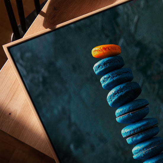 Blue and orange macaron wall art for living room, golden oak frame