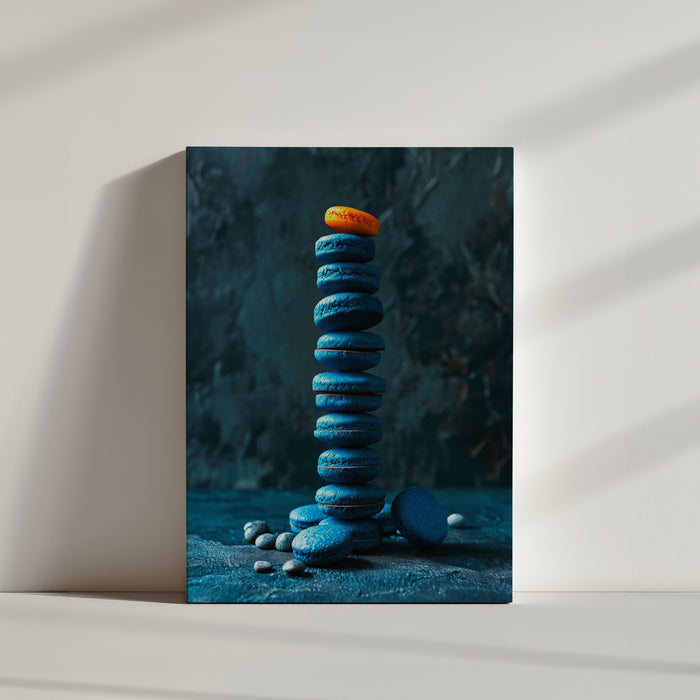 Stack of blue and orange French macarons on a blue-gray abstract background
