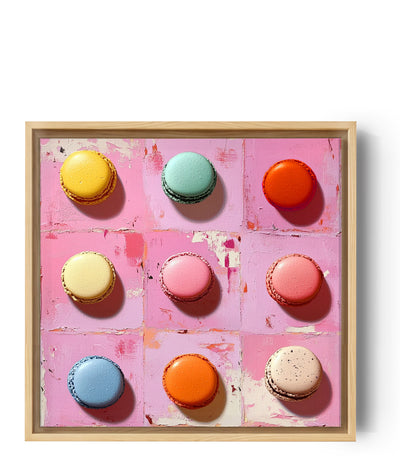 Eine Explosion genussvoller Farben mit diesem Wandbild, das neun Macarons in lebhaften Tönen (gelb, blau, rosa, orange) auf einem texturierten rosa Hintergrund zeigt. Perfekt, um einer modernen Küche eine fröhliche und spritzige Atmosphäre einzuhauchen.