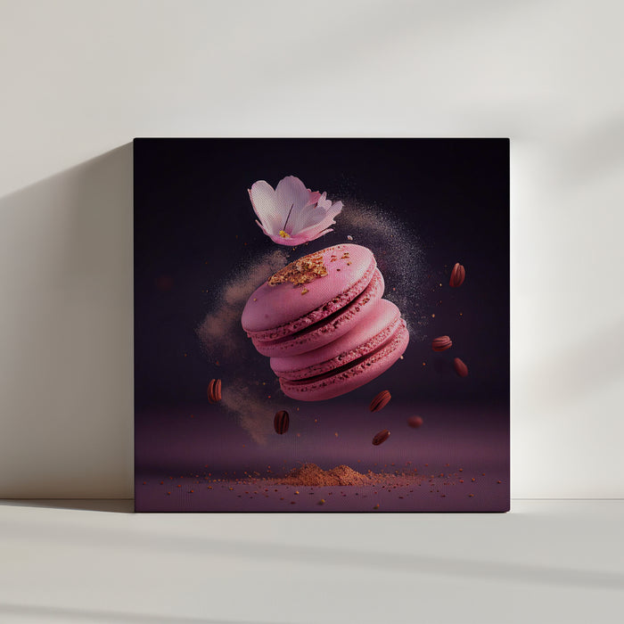 Floating pink macarons canvas print with powdered sugar, gold dust, and cherry blossom on an energetic burst background