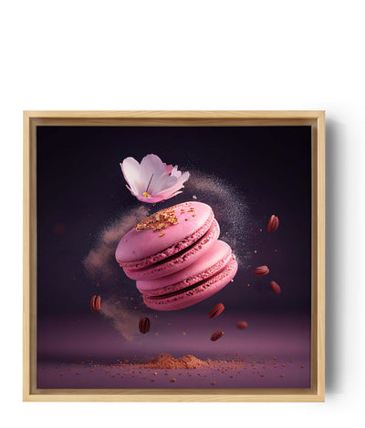 Bild zweier rosa Macarons, die in einer Explosion aus Aromen schweben, mit Puderzucker und goldenem Pollen ringsum. Eine Sakura-Blüte verleiht dieser handgemachten Köstlichkeit eine blumige Note. Der Fokus liegt auf den sanften Formen der Macarons und der Energie der Explosion im Hintergrund.