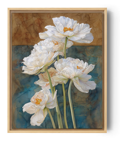 Tableau floral avec pivoines blanches sur fond texturé bleu et marron, ambiance nature délicate